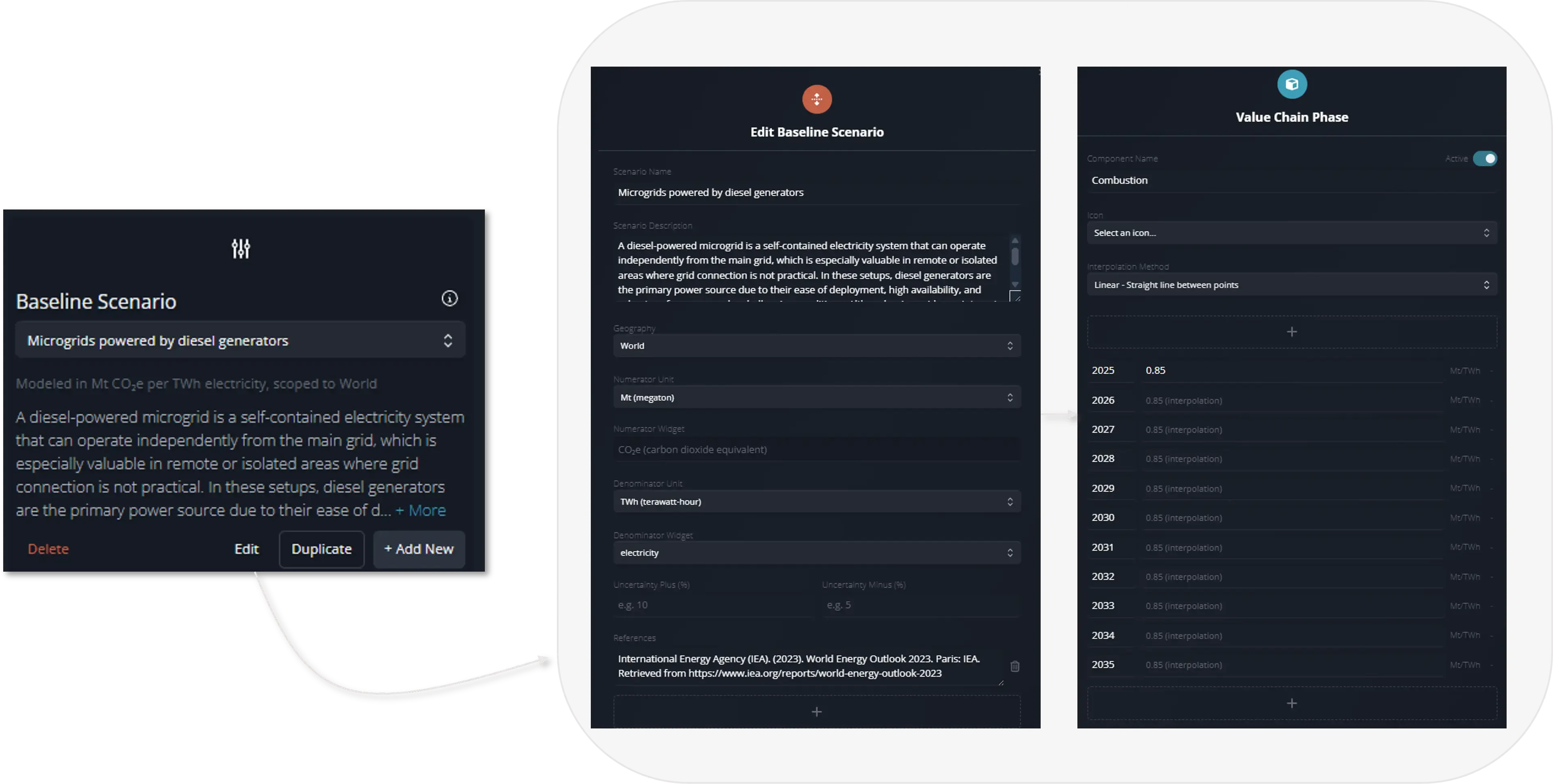 Edit Mode interface showing customizable GHG intensities for baseline and solution